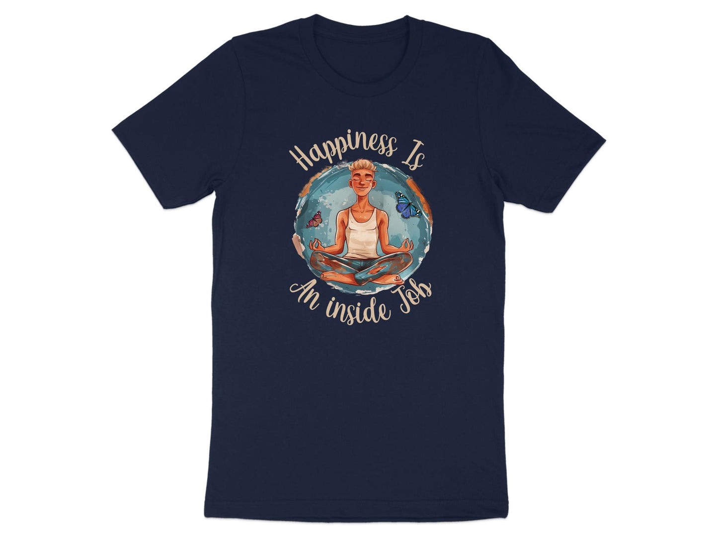 Navy Happiness Yoga Meditation t-shirt featuring calm meditation artwork with butterflies and peaceful design.