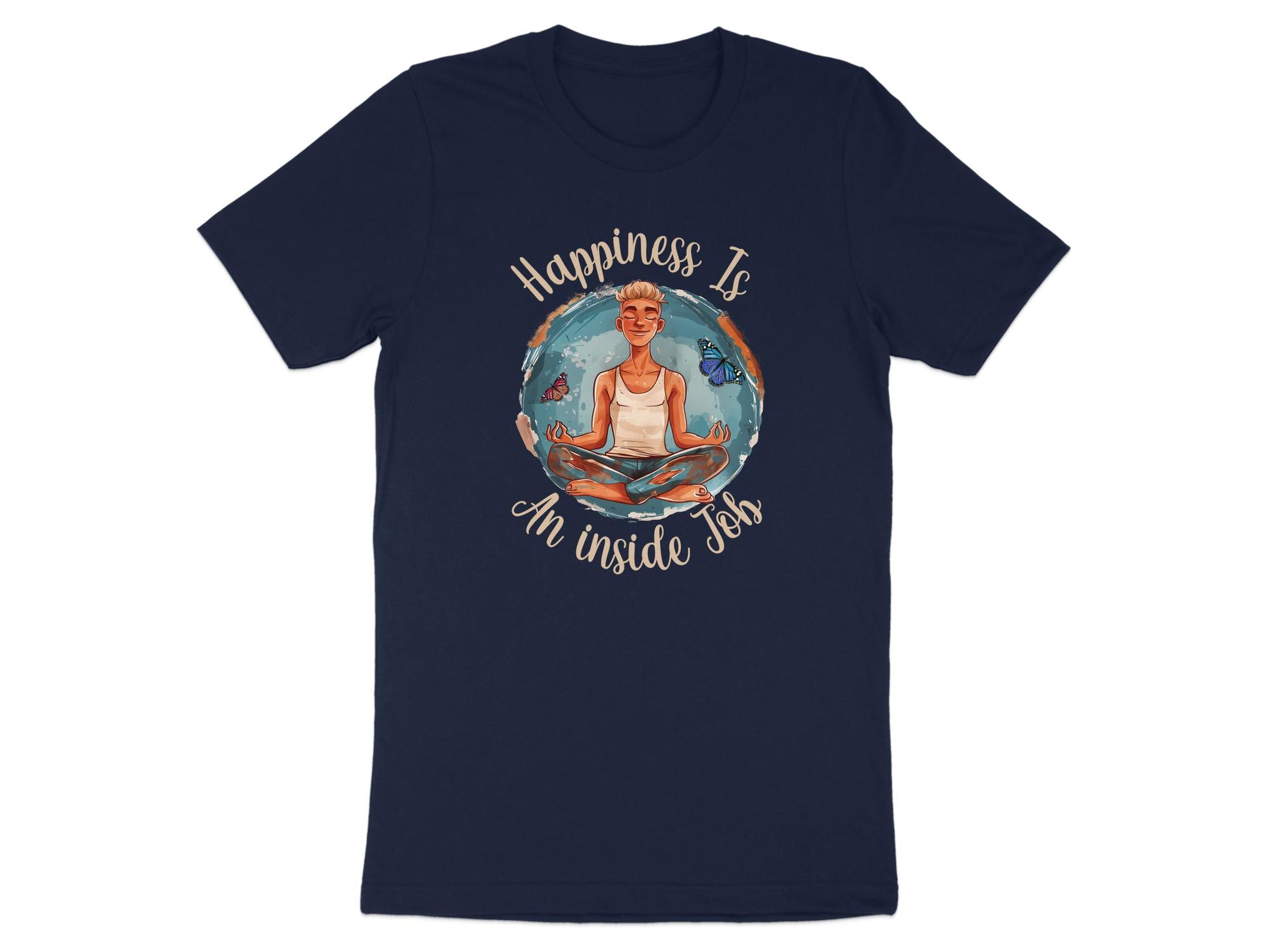 Navy Happiness Yoga Meditation t-shirt featuring calm meditation artwork with butterflies and peaceful design.
