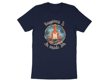 Navy Happiness Yoga Meditation t-shirt featuring calm meditation artwork with butterflies and peaceful design.