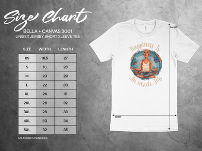 Size chart for Happiness Yoga Meditation t-shirt showing unisex sizing from small to 3XL with chest width and body length measurements.