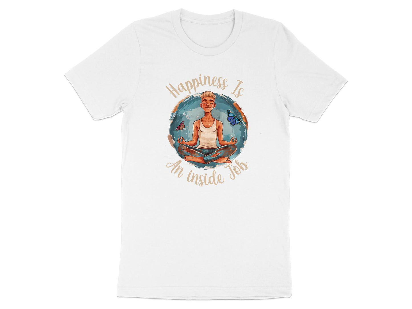 White Happiness Yoga Meditation t-shirt with minimal meditating figure and calm butterfly mindfulness artwork.