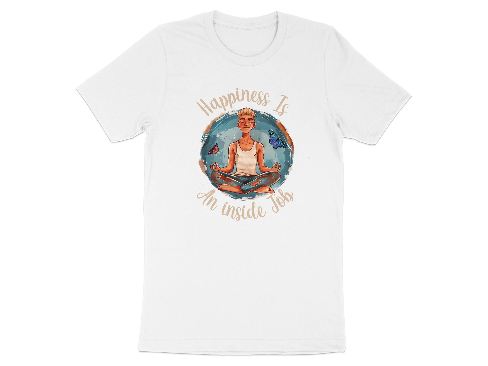 White Happiness Yoga Meditation t-shirt with minimal meditating figure and calm butterfly mindfulness artwork.