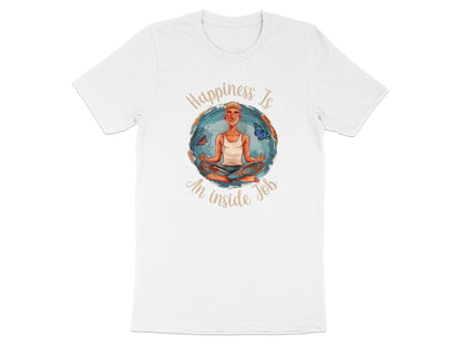White Happiness Yoga Meditation t-shirt with minimal meditating figure and calm butterfly mindfulness artwork.