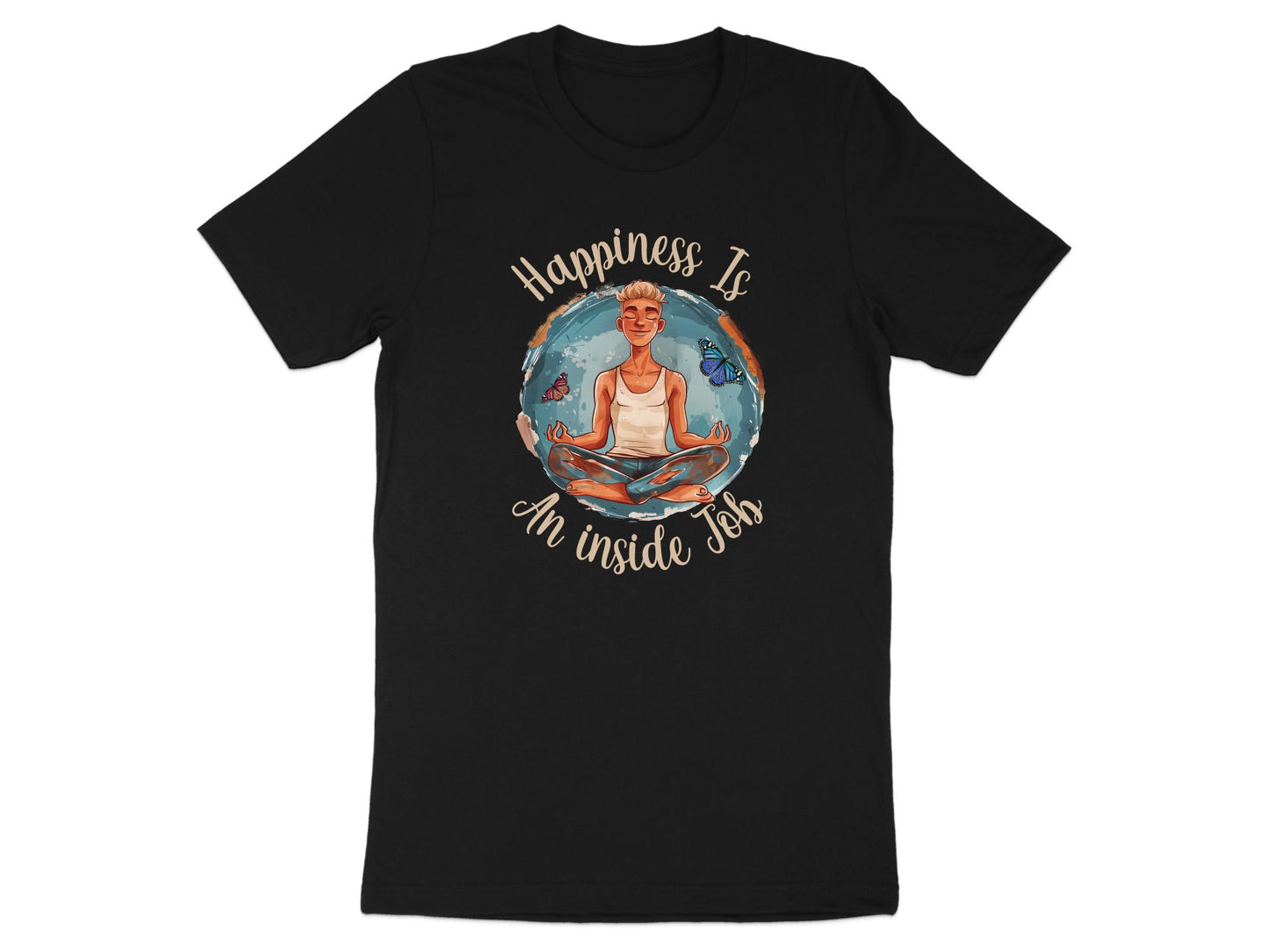 Black Happiness Yoga Meditation t-shirt with meditating figure butterflies and mindfulness chest graphic.