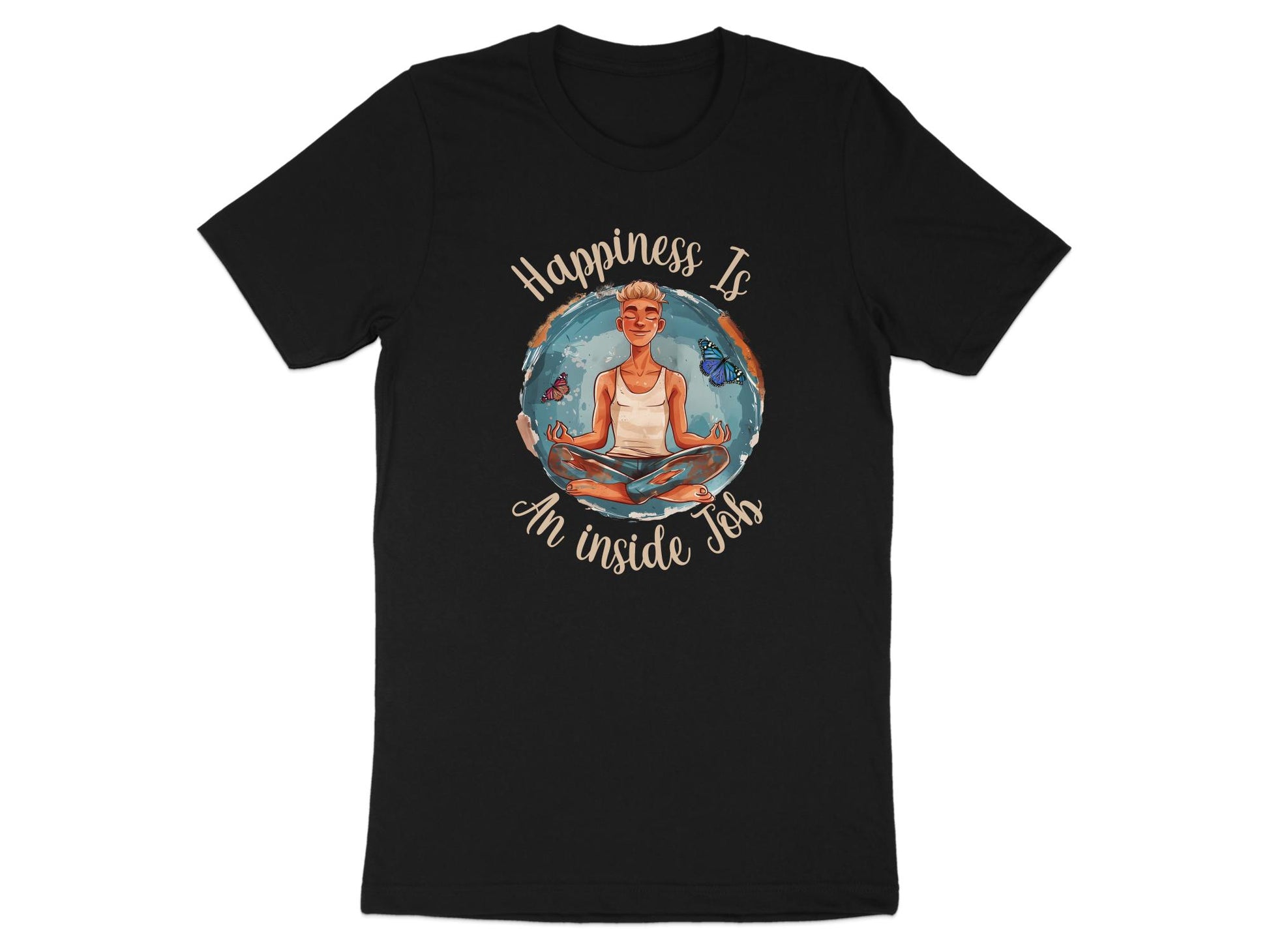Black Happiness Yoga Meditation t-shirt with meditating figure butterflies and mindfulness chest graphic.