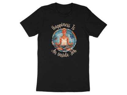 Black Happiness Yoga Meditation t-shirt with meditating figure butterflies and mindfulness chest graphic.