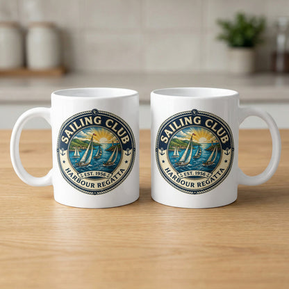 Two 11oz white mugs showing front and back with navy rope border, anchor motifs, stars and SAILING CLUB curved lettering.