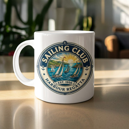 White 11oz Harbour Regatta Sailing Club Mug with four racing yachts, bright blue harbour, navy crest and golden sunburst sky.