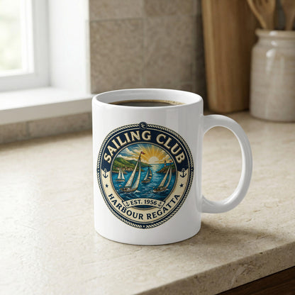 White 11oz ceramic mug on a kitchen bench featuring four racing yachts, lighthouse, rocky outcrop and green coastal hills.