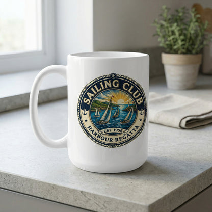 15oz ceramic white mug on a kitchen bench with four yachts racing past a lighthouse beneath a bright coastal sunburst sky.