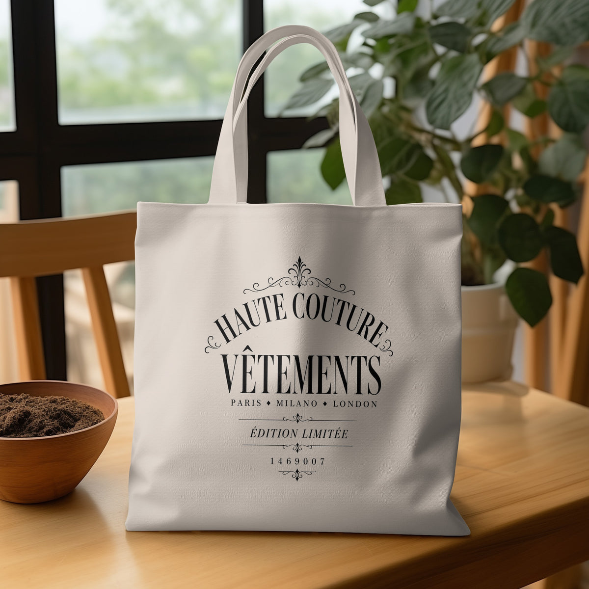 Vintage fashion typography tote bag with black couture lettering, decorative flourishes and the edition number 1469007.