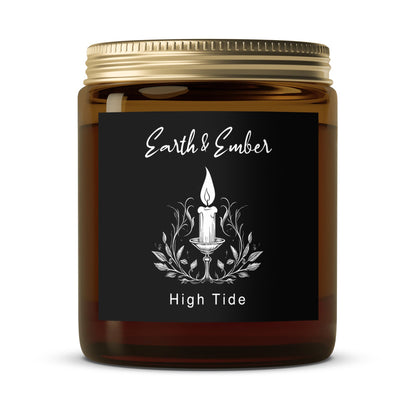 High Tide candle with gold lid on white backdrop, clean ocean scent and long-lasting burn time