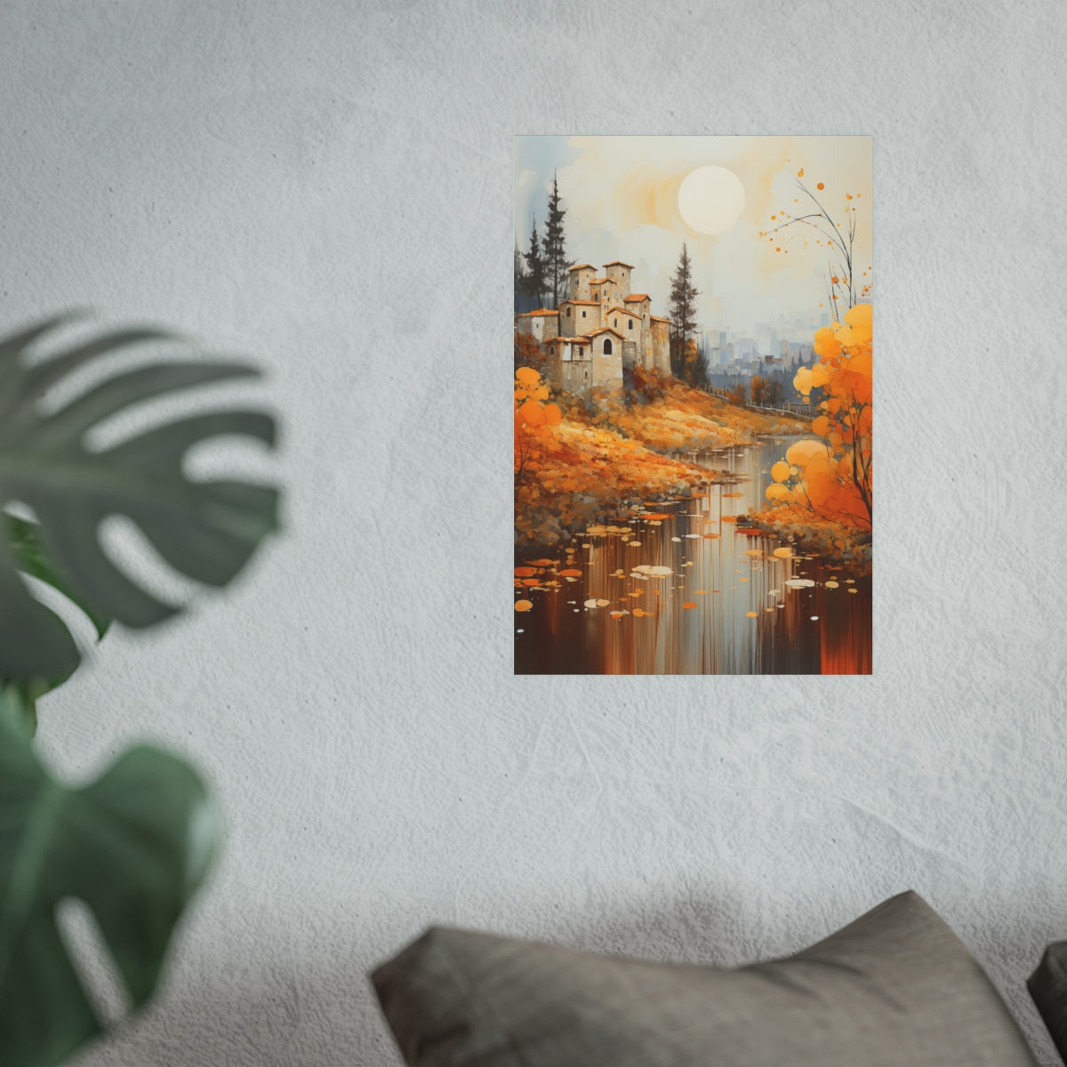 Idyllic Tuscan Riverside Landscape 12x18 poster shown above a couch with calm Italian scenery.