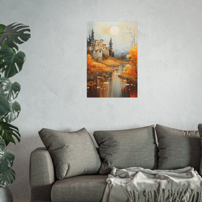 Idyllic Tuscan Riverside Landscape 20x30 poster displayed above a couch highlighting riverside charm.