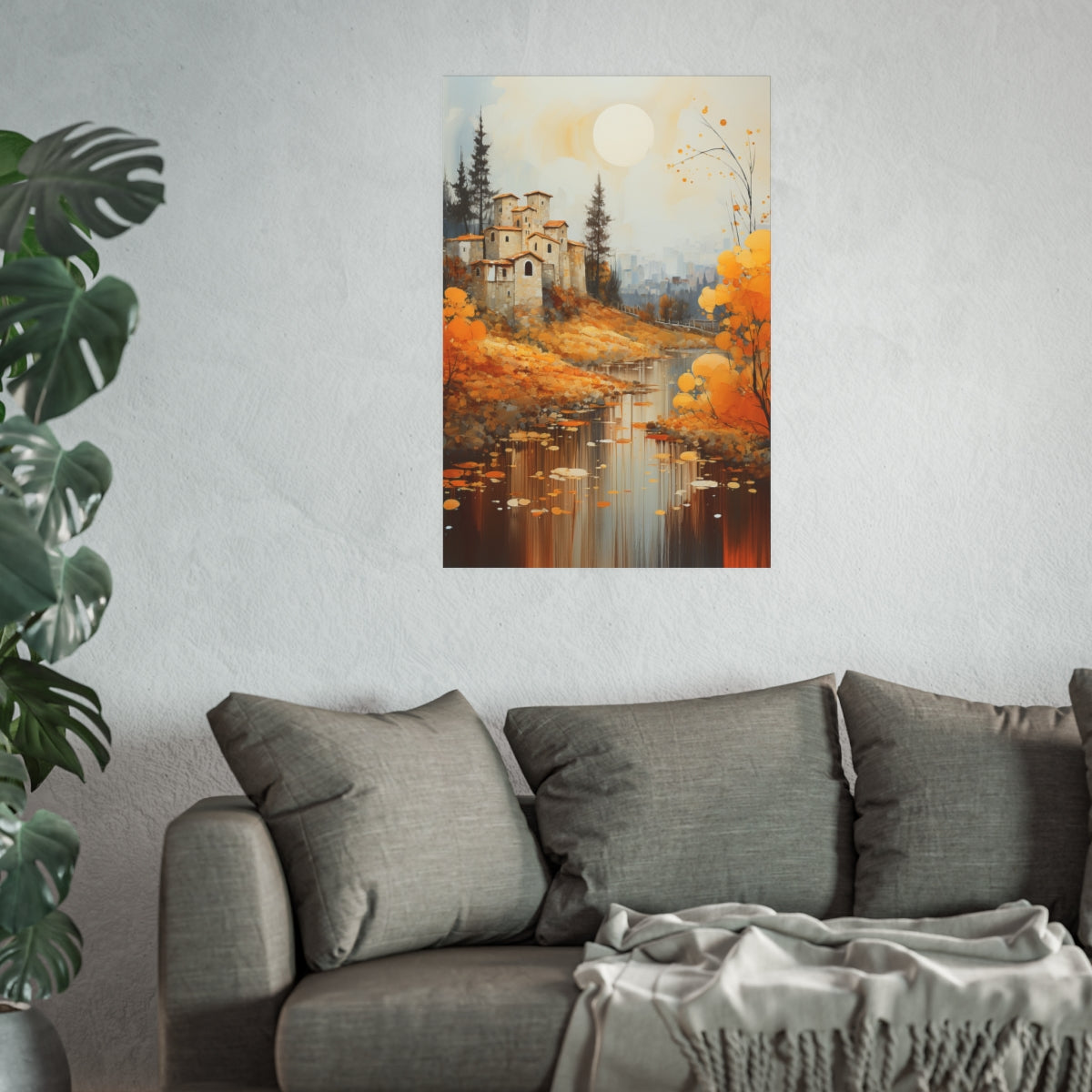 Idyllic Tuscan Riverside Landscape 24x36 poster featured above a couch as a serene wall accent.