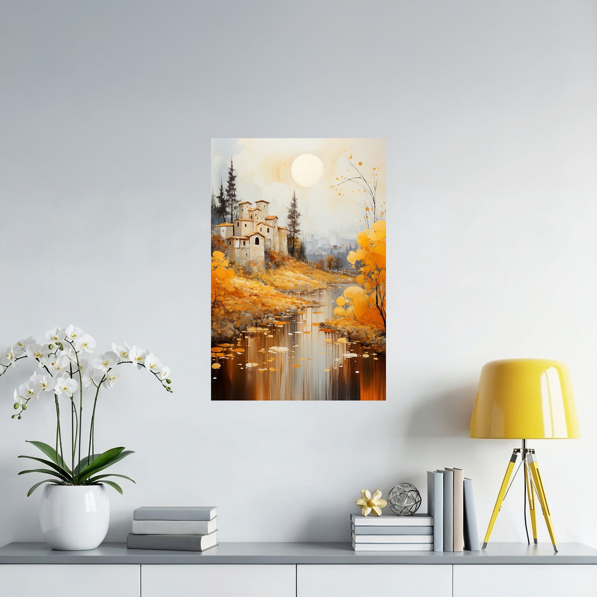 Idyllic Tuscan Riverside Landscape poster styled above a sideboard with soft rustic tones.