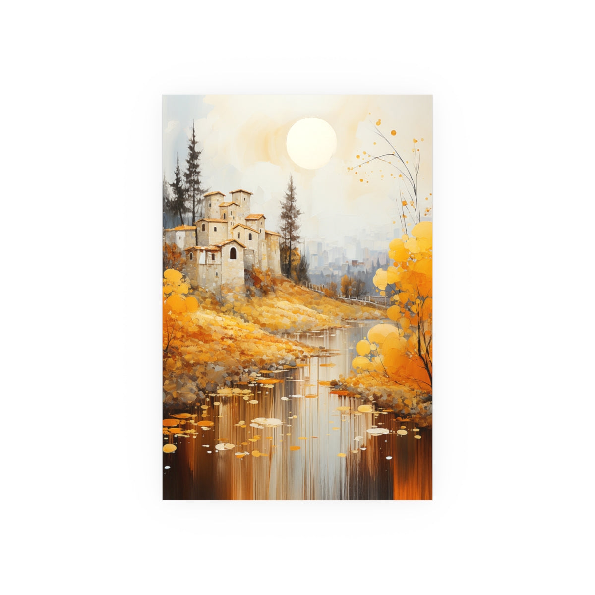 Idyllic Tuscan Riverside Landscape poster flat lay on white background showing peaceful village scene.