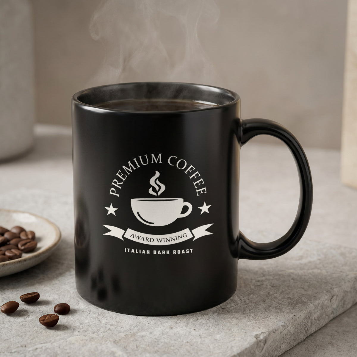 Black Italian Dark Roast Mug 11oz with inverse white coffee badge artwork beside scattered coffee beans.