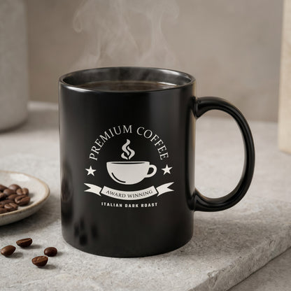 Black Italian Dark Roast Mug 11oz with inverse white coffee badge artwork beside scattered coffee beans.