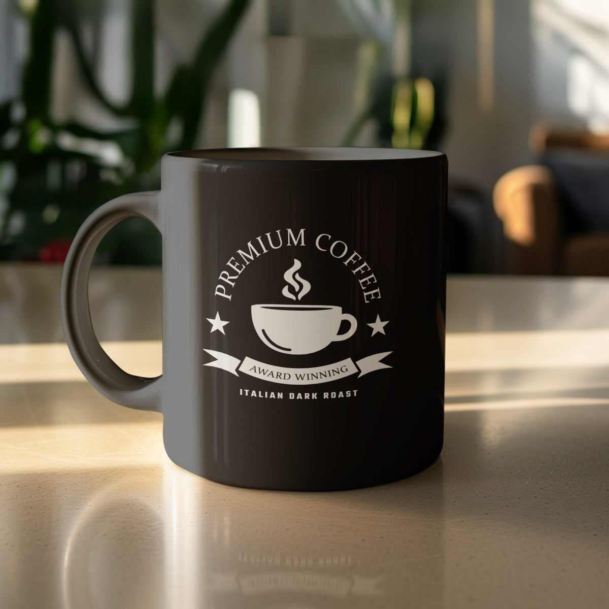 11oz black Italian Dark Roast Mug featuring inverse white coffee badge artwork with steaming cup and two stars.