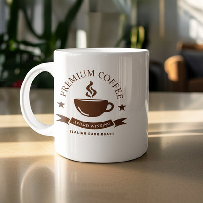11oz white Italian Dark Roast Mug on a table featuring a heritage coffee badge with steaming cup and two star accents.