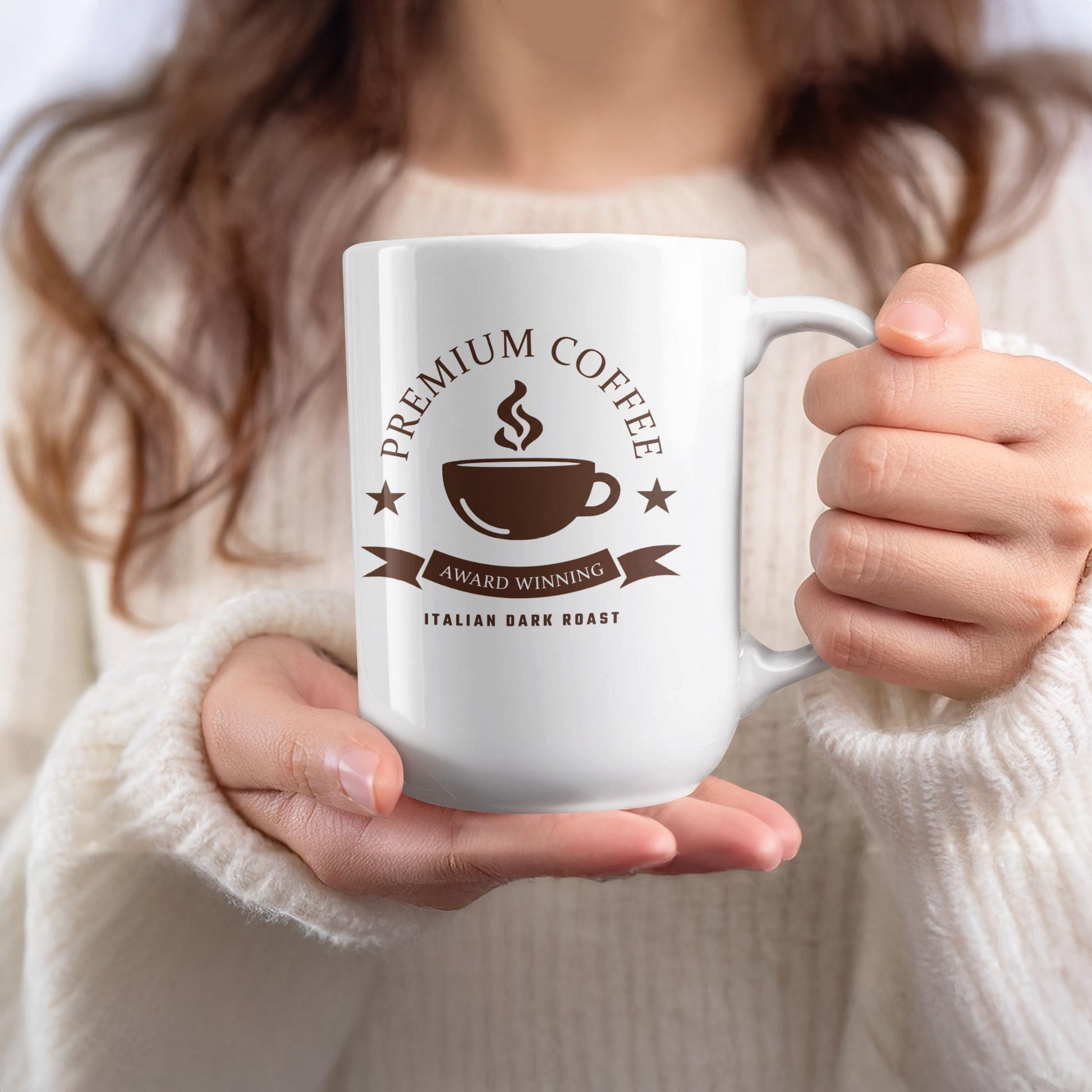 Handheld 15oz Italian Dark Roast Mug featuring heritage coffee badge artwork with arched lettering and ribbon banner.