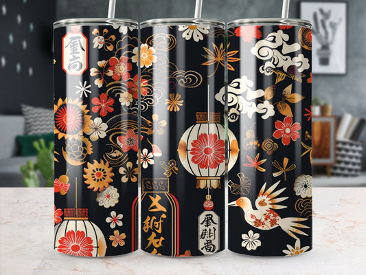 Cultural design tumbler featuring lanterns, chrysanthemums, cherry blossoms, and elegant decorative artwork.
