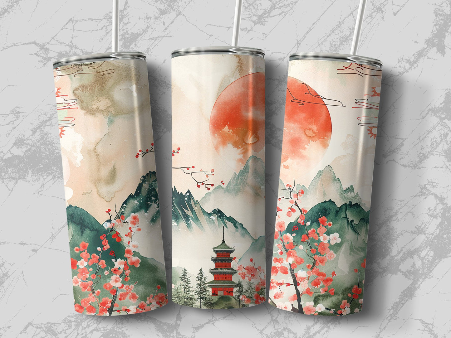 Elegant Japanese sunset tumbler with double wall vacuum insulation and BPA-free lid, perfect for all-day hydration