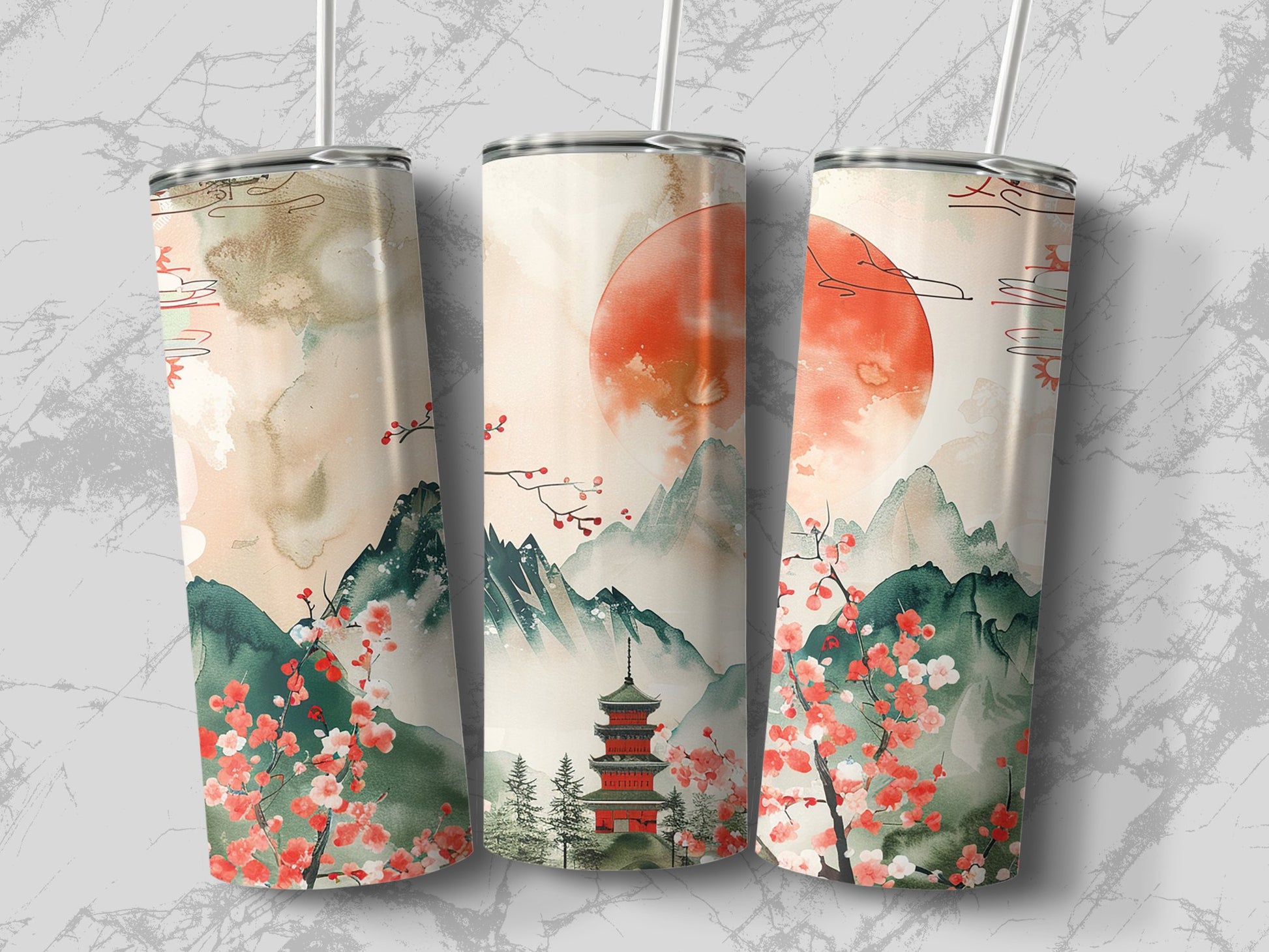 Elegant Japanese sunset tumbler with double wall vacuum insulation and BPA-free lid, perfect for all-day hydration