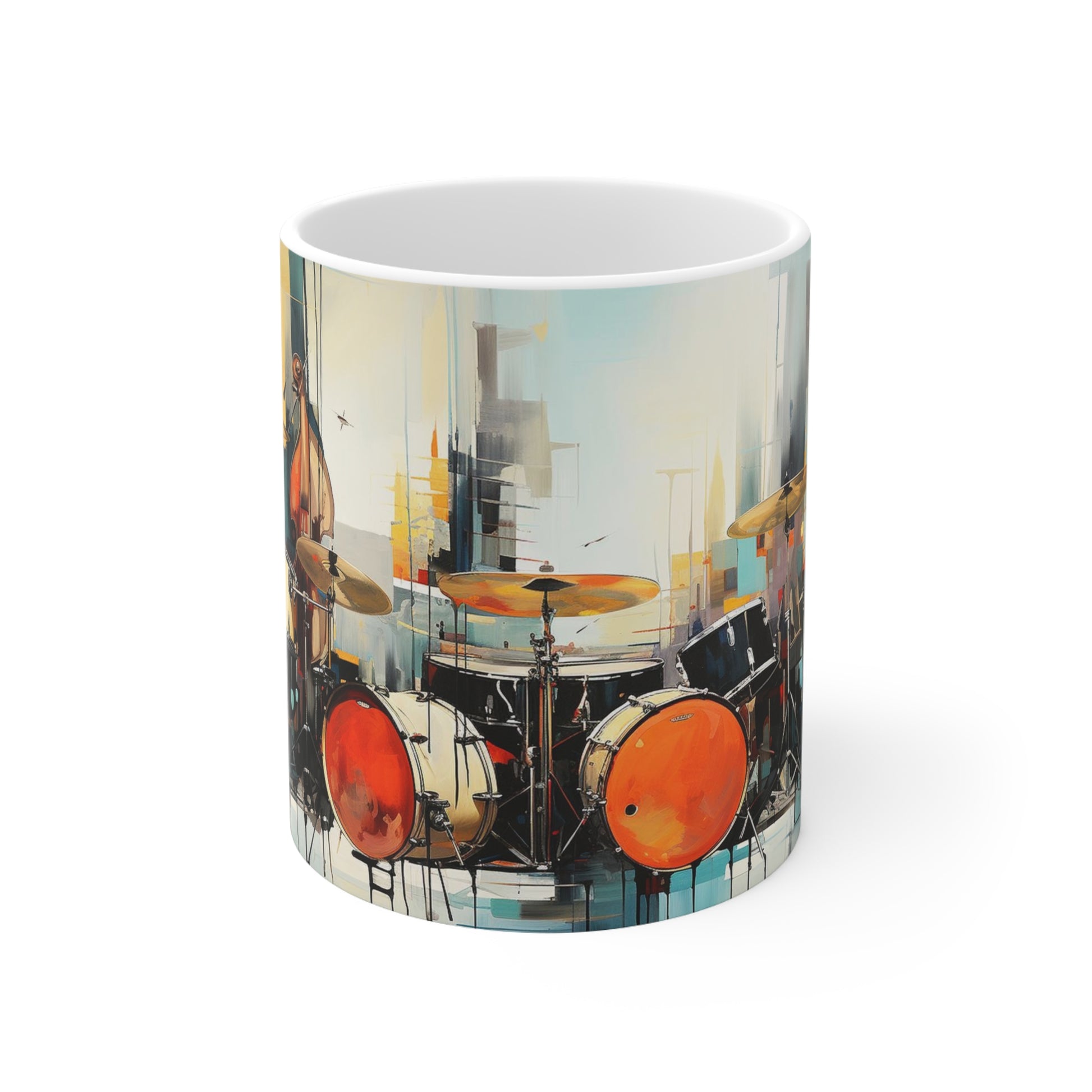 Close-up of the jazz music design on the 11oz ceramic mug, showcasing bold, artistic musical elements