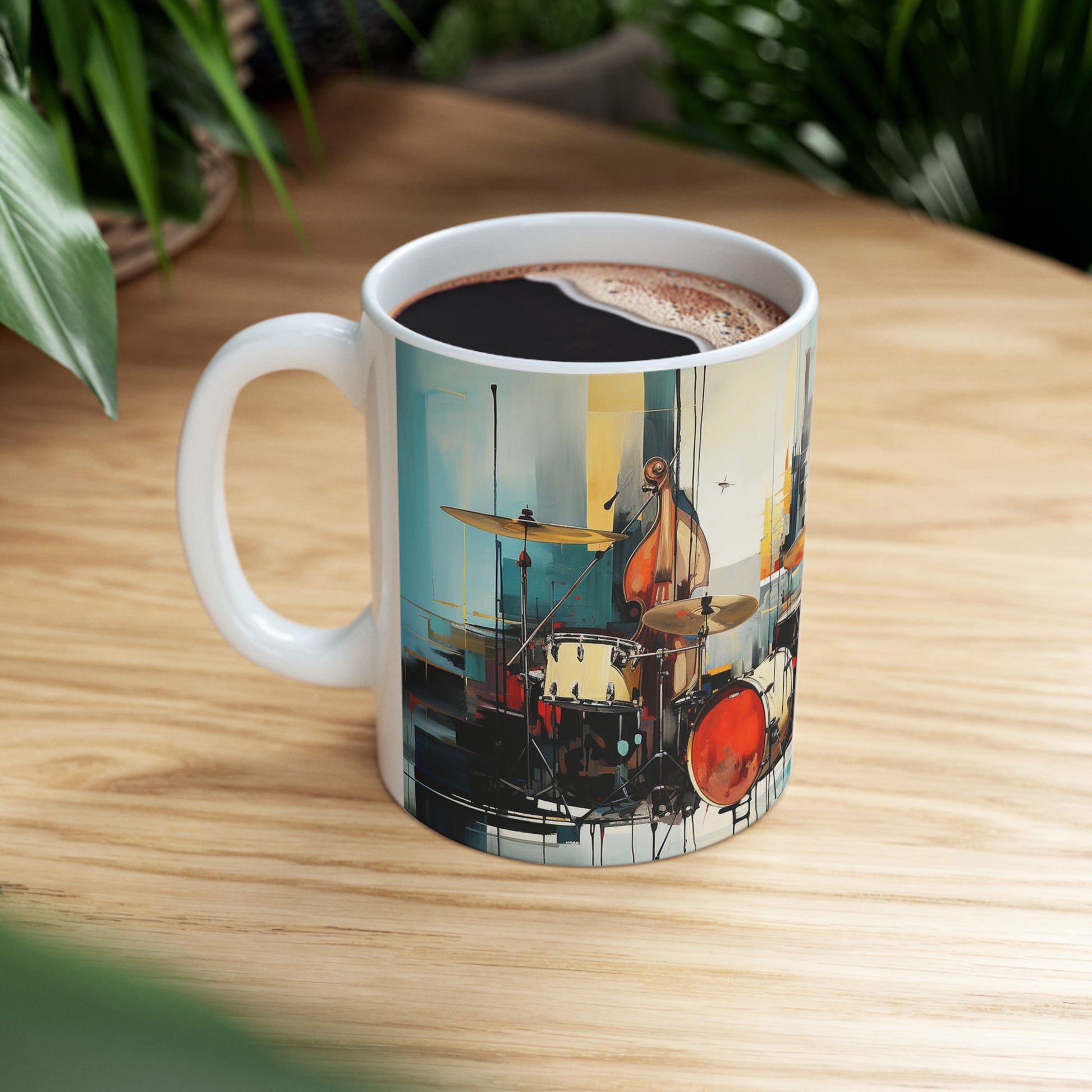 Jazz music mug resting on a table, 11oz ceramic mug with lively music-inspired artwork for a unique touch
