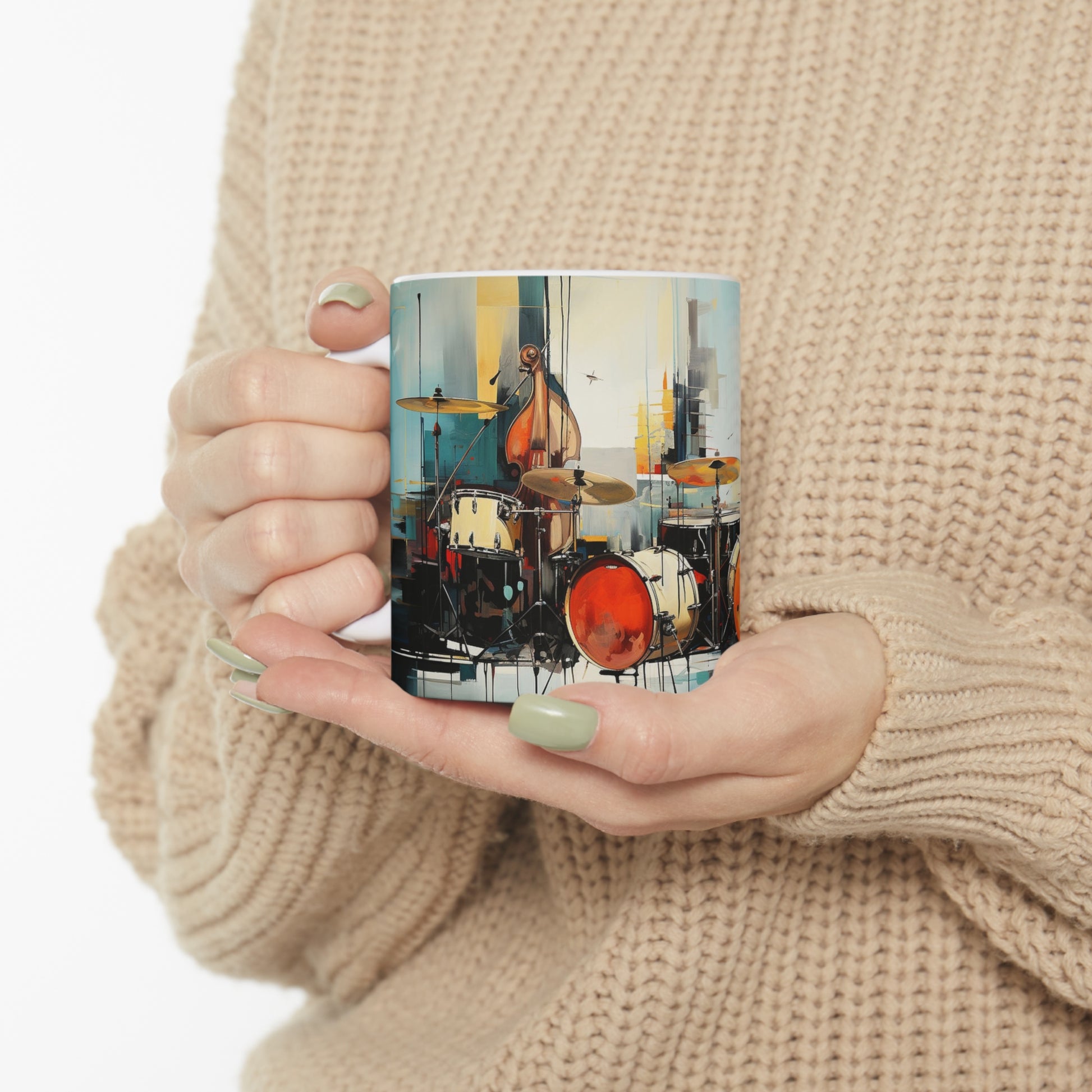 Model holding jazz music mug, 11oz ceramic mug with musical notes and instruments, perfect for music enthusiasts