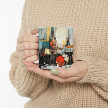 Model holding jazz music mug, 11oz ceramic mug with musical notes and instruments, perfect for music enthusiasts