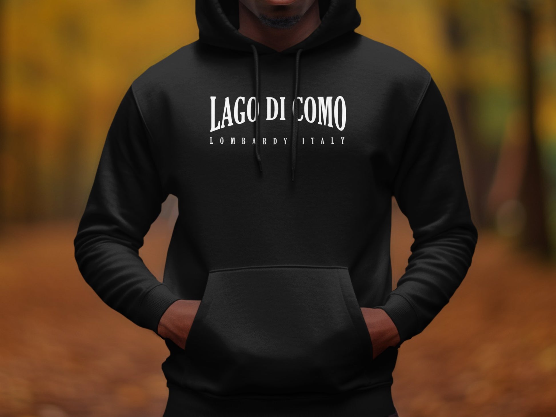 Black Lago di Como Hoodie with soft fleece lining, relaxed fit, and front pouch for cozy layering