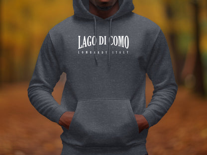 Dark heather grey Lago di Como Hoodie with minimalist serif typography and structured Lombardy Italy white subtitle.