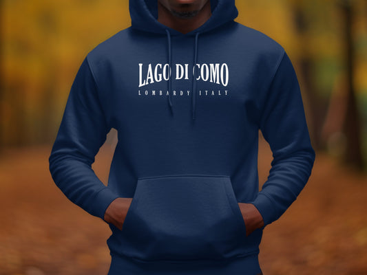 Navy Lago di Como Hoodie featuring ribbed cuffs, classic hood, and smooth cotton-blend fabric
