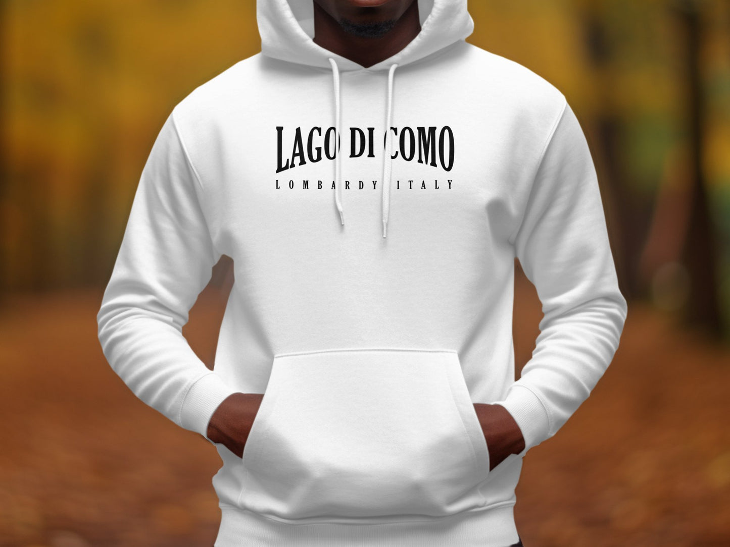 White Lago di Como Hoodie with front graphic, pouch pocket, draw cord, and easy-to-layer silhouette