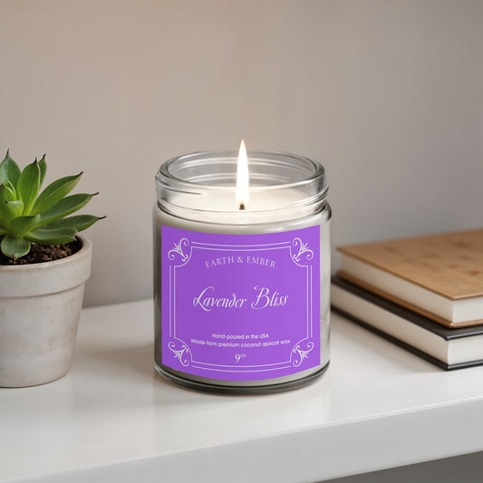Lavender Bliss scented candle styled as relaxing home decor, adding soothing and peaceful ambiance.