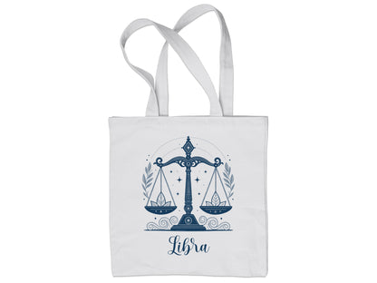 Cotton Libra astrology bag with celestial scales and wide carrying space.