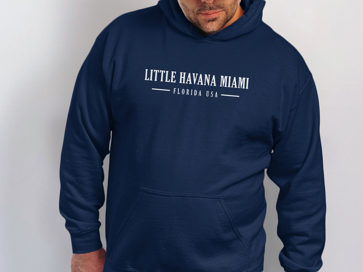 Navy Little Havana Miami Hoodie with centre distressed white serif typography and Florida USA destination text layout.