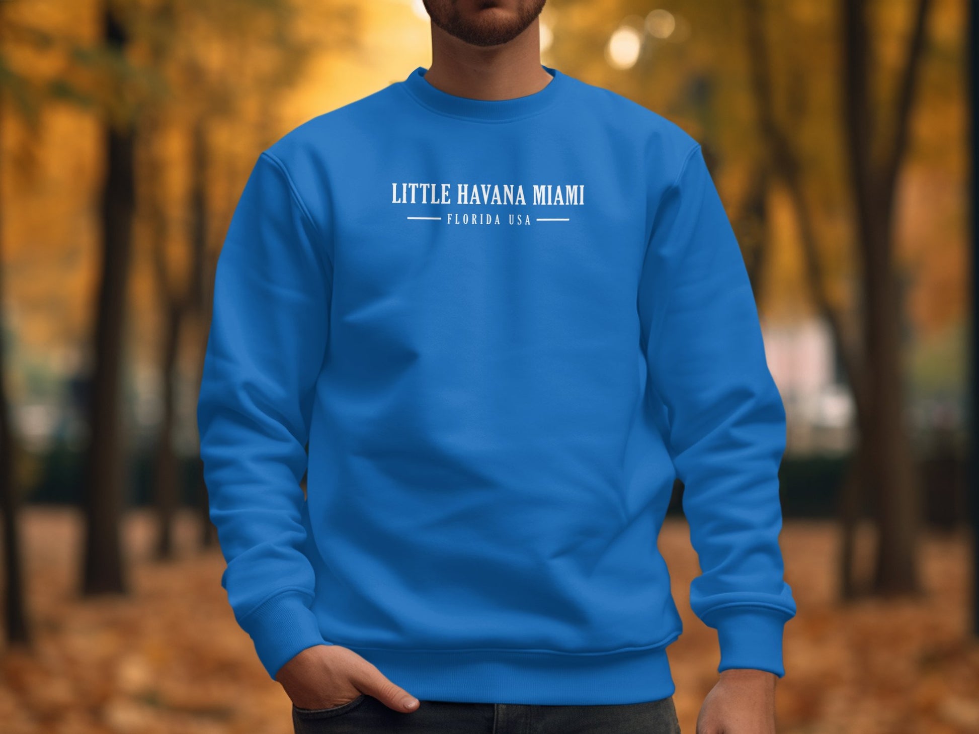 Royal Blue Little Havana Miami Sweatshirt, medium-heavy cotton blend, crew neck, seamless body, & loose unisex fit.