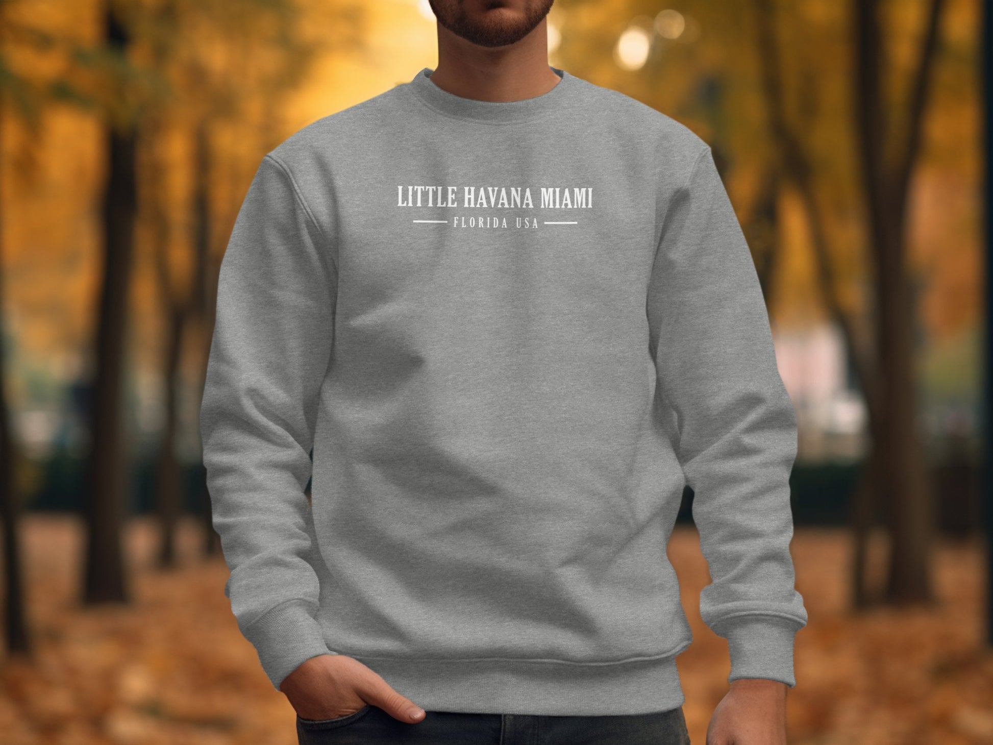 Graphite heather Little Havana Miami Sweatshirt with white minimalist destination typography layout on front.