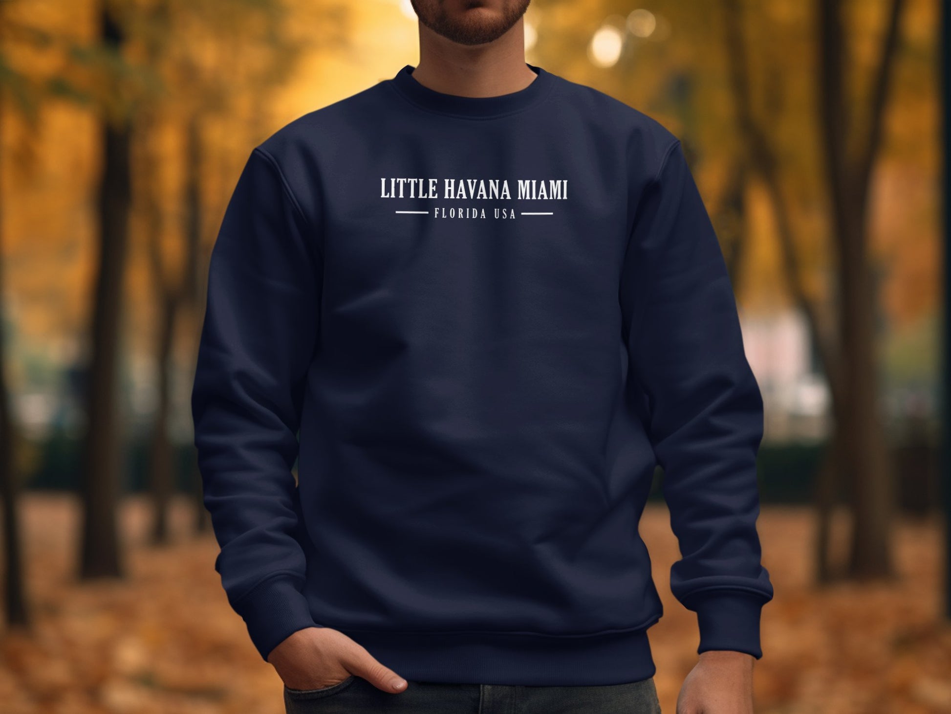Navy Little Havana Miami Sweatshirt with cotton blend, crew neck, seamless body, & relaxed unisex fit for easy styling.