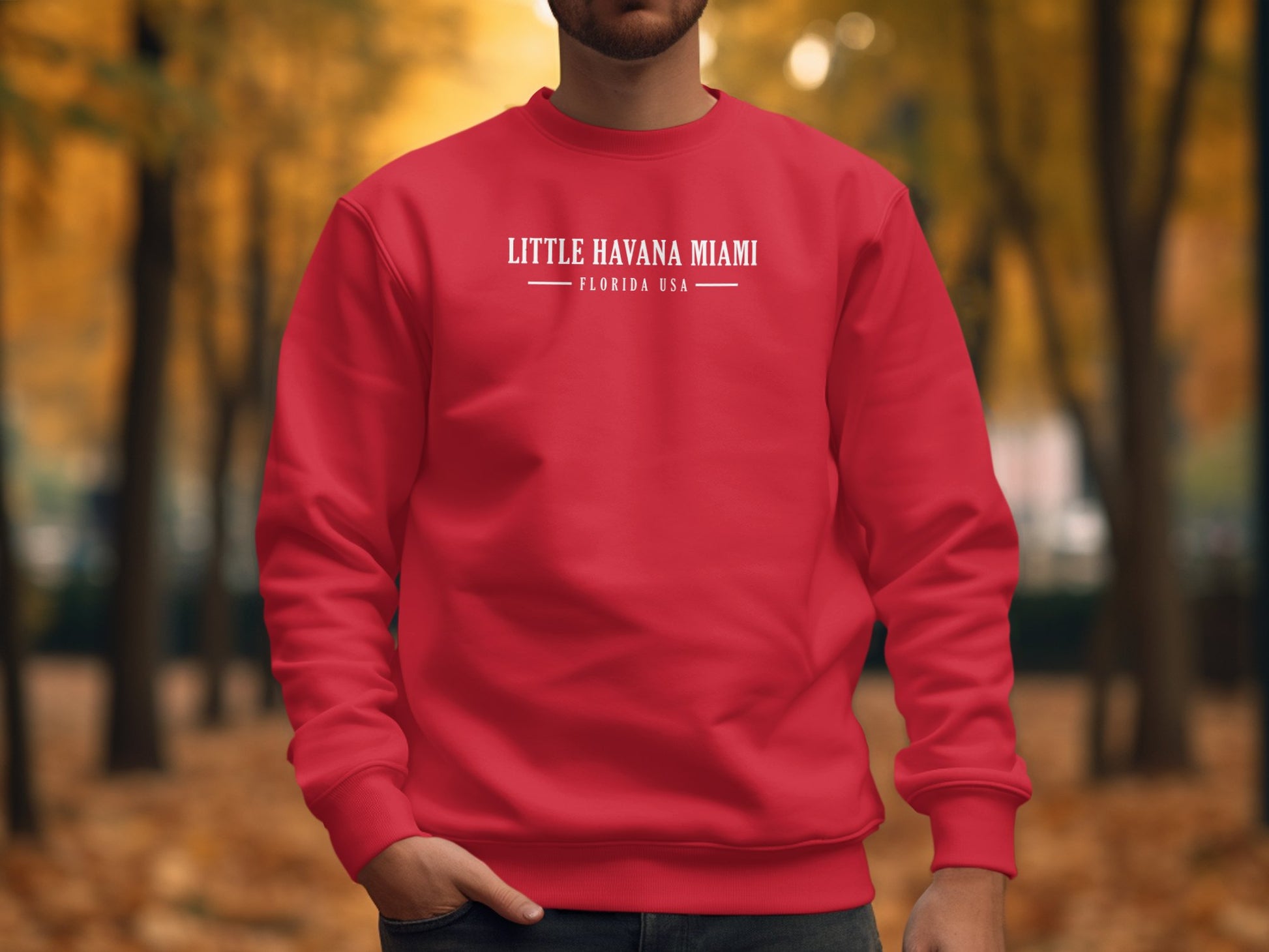 Red Little Havana Miami Sweatshirt with seamless body, crew neck, unisex sizing, &cotton blend fabric for cozy comfort.