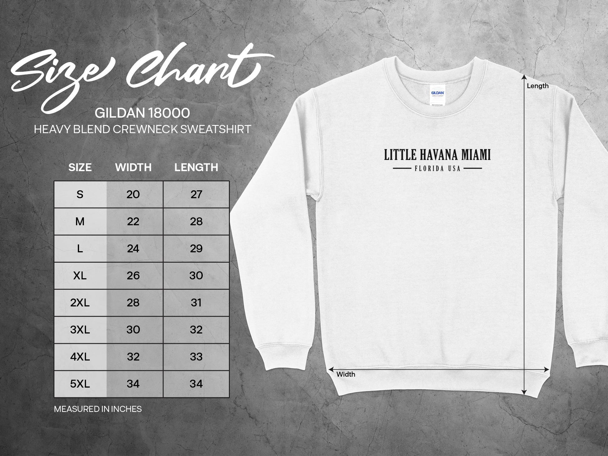 Little Havana Miami Sweatshirt size chart (S-3XL) showing chest, sleeve, & body length measurements.