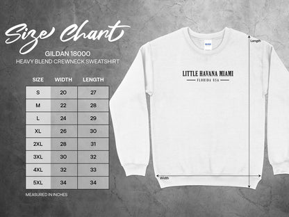 Little Havana Miami Sweatshirt size chart (S-3XL) showing chest, sleeve, & body length measurements.