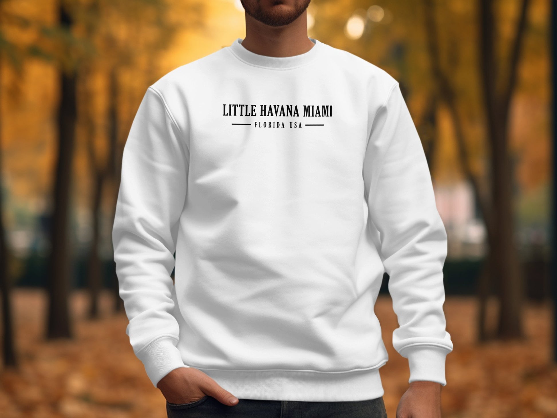 White Little Havana Miami Sweatshirt, cotton blend, crew neck, seamless body, & relaxed fit for casual layering.