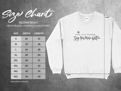 Live Life Deeper Sweatshirt size guide S–3XL with chest width, sleeve length, and body measurements for unisex fit.