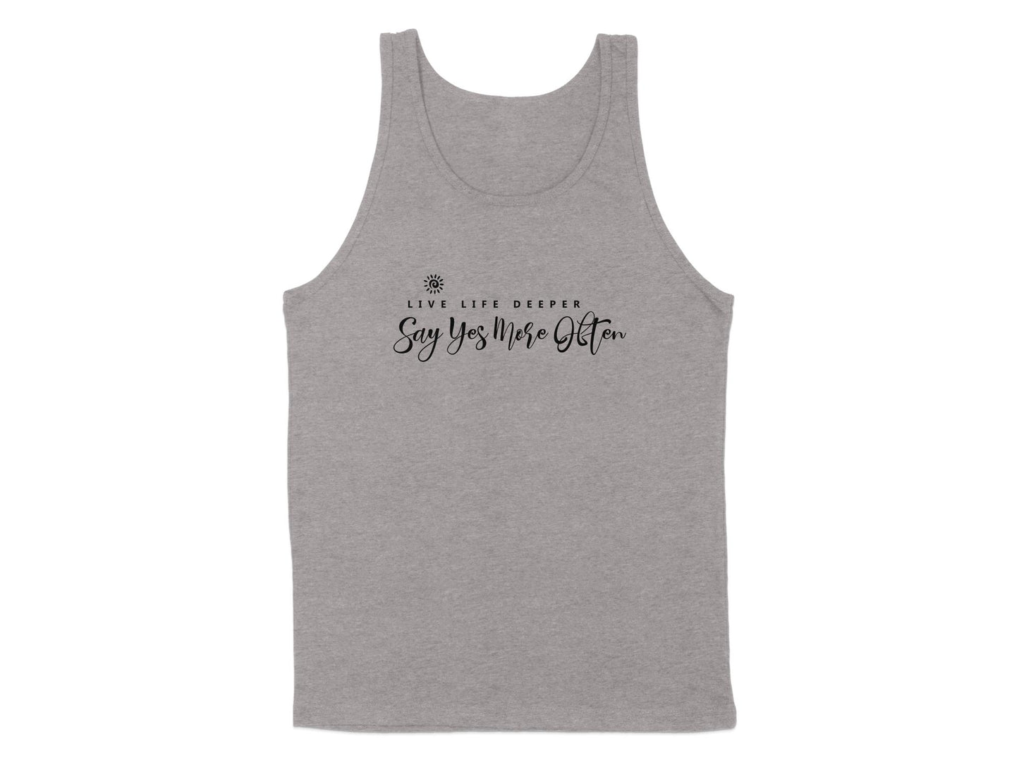 Athletic Heather tank top featuring Live Life Deeper lettering, elegant calligraphy, and uplifting message artwork.