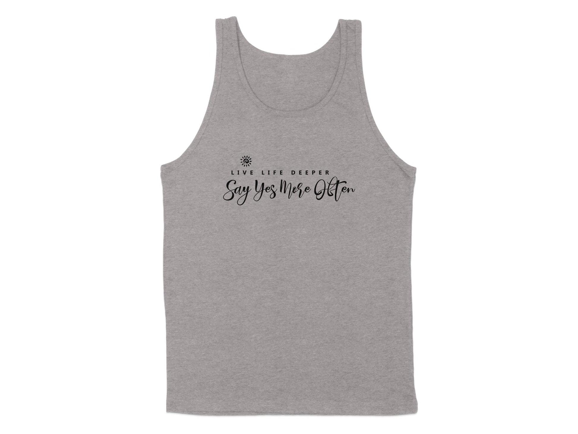 Athletic Heather tank top featuring Live Life Deeper lettering, elegant calligraphy, and uplifting message artwork.